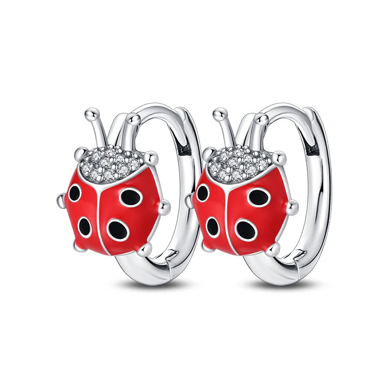 Ladybug Silver Hoop Earrings