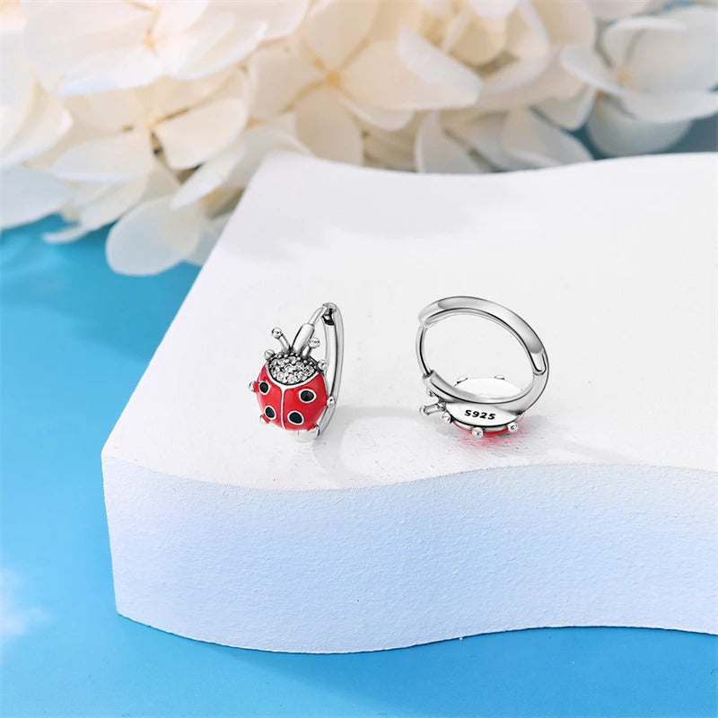 Ladybug Silver Hoop Earrings