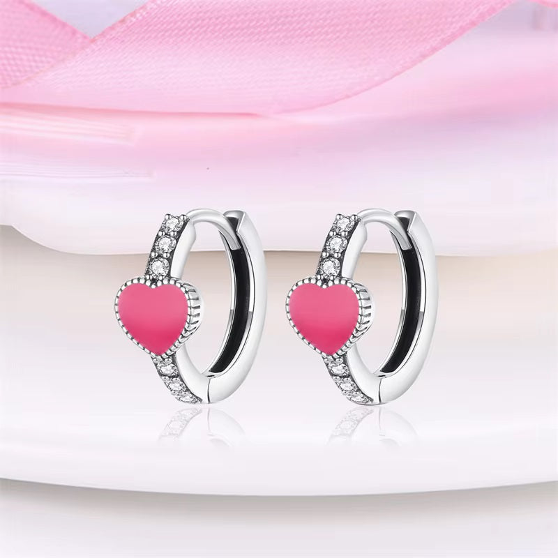 Pink Heart Silver Hoop Earrings