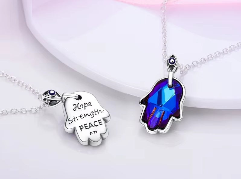 Crystal Hamsa Hand Silver Necklace