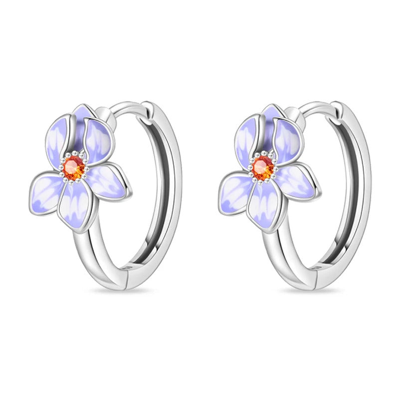 Purple Flower Silver Hoop Earrings