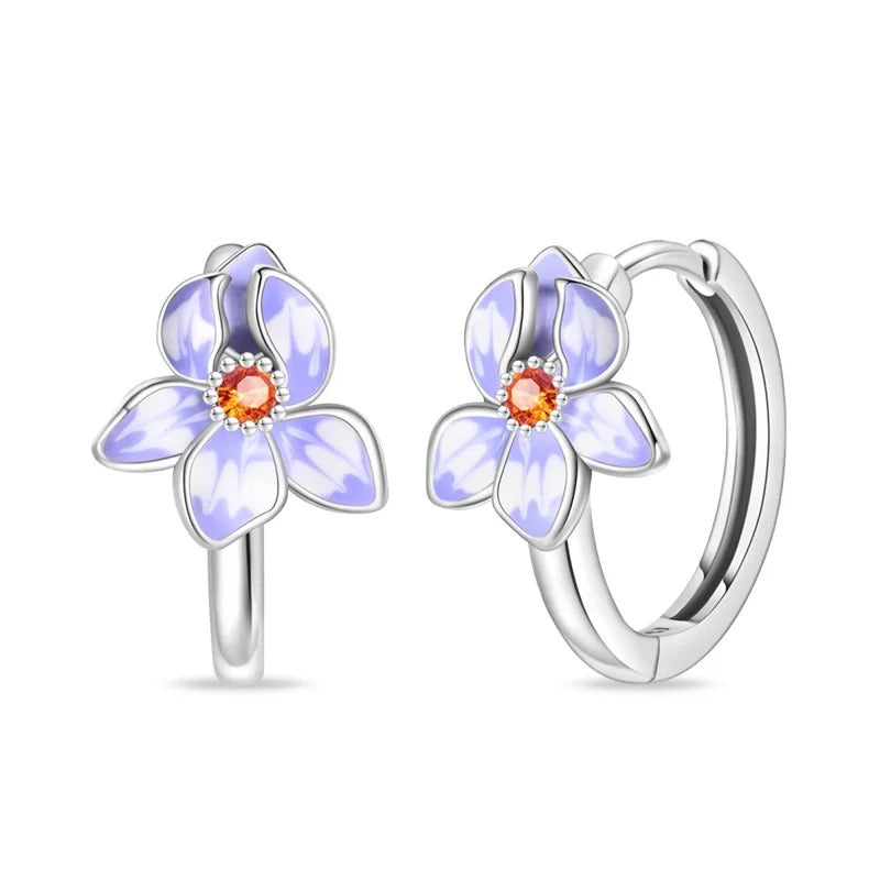Purple Flower Silver Hoop Earrings