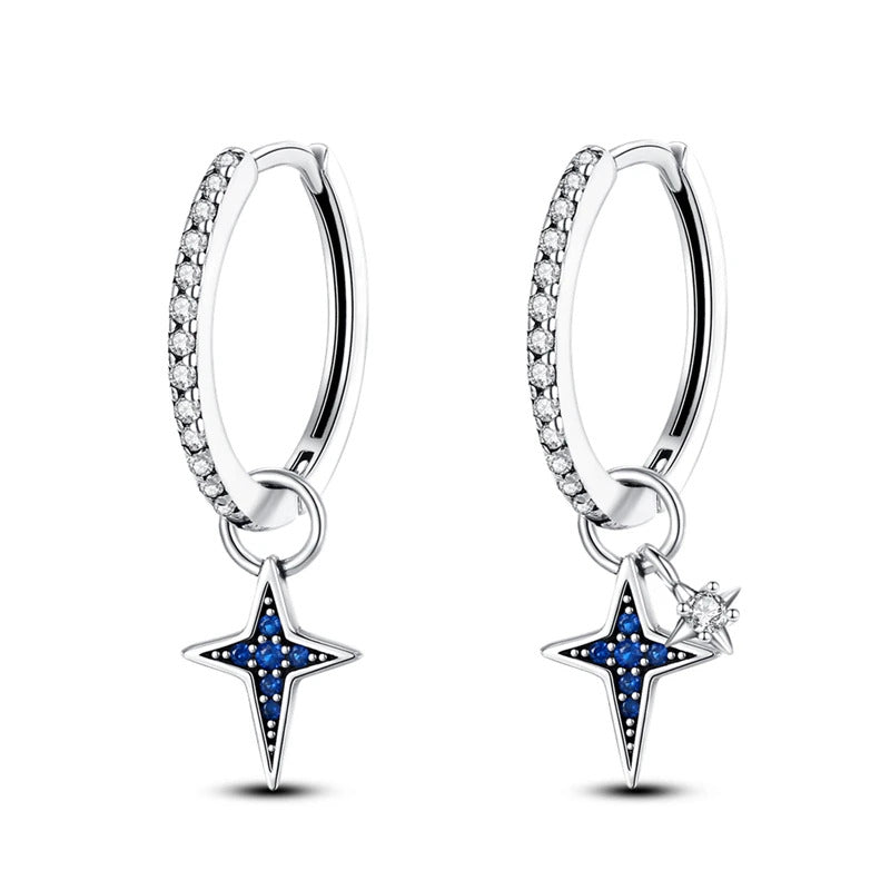 Blue Crystal Star Silver Hoop Earrings