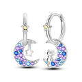 Crystal Moon Cat Star Silver Hoop Earrings
