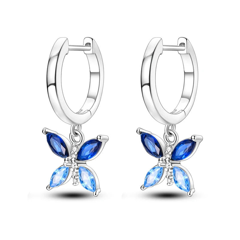 Blue Crystal Butterfly Silver Hoop Earrings