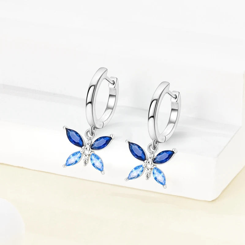 Blue Crystal Butterfly Silver Hoop Earrings