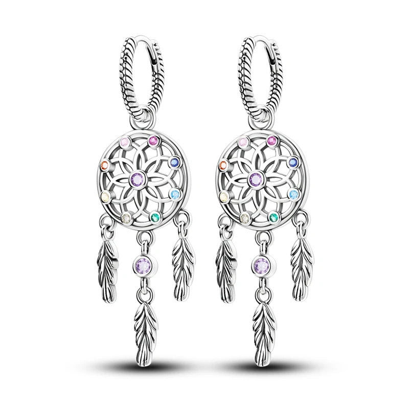 Feather Dreamcatcher Silver Hoop Earrings