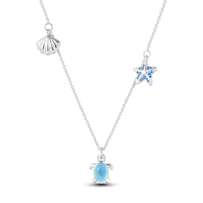Turtle Seashell Starfish Silver Necklace