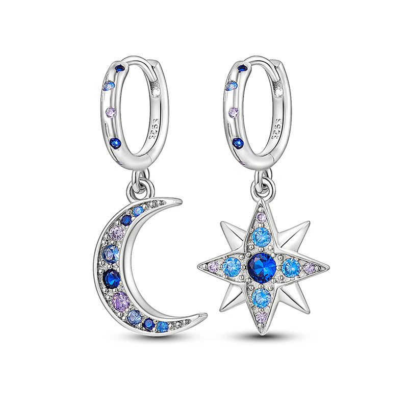 Crystal Moon Star Silver Hoop Earrings