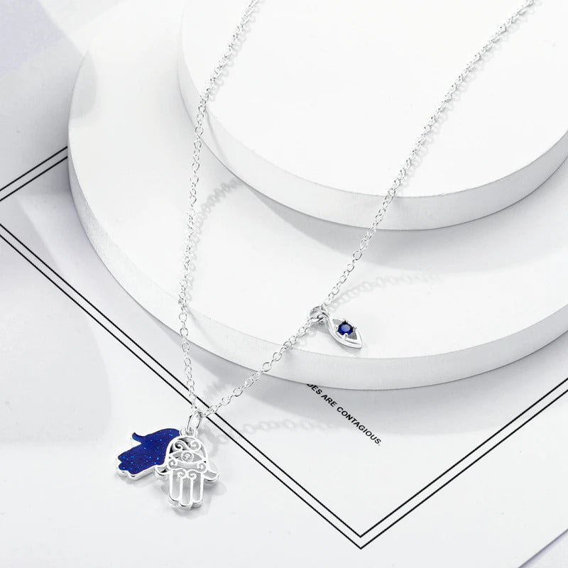 Hamsa Hand Evil Eye Silver Necklace