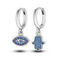 Hamsa Hand Evil Eye Luck Silver Hoop Earrings