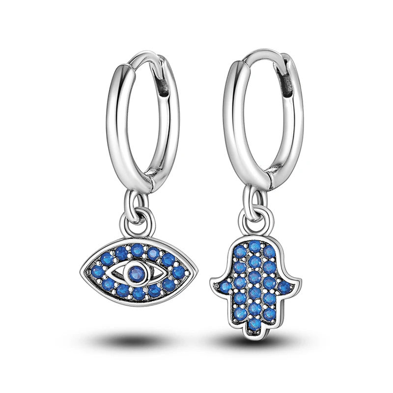 Hamsa Hand Evil Eye Luck Silver Hoop Earrings
