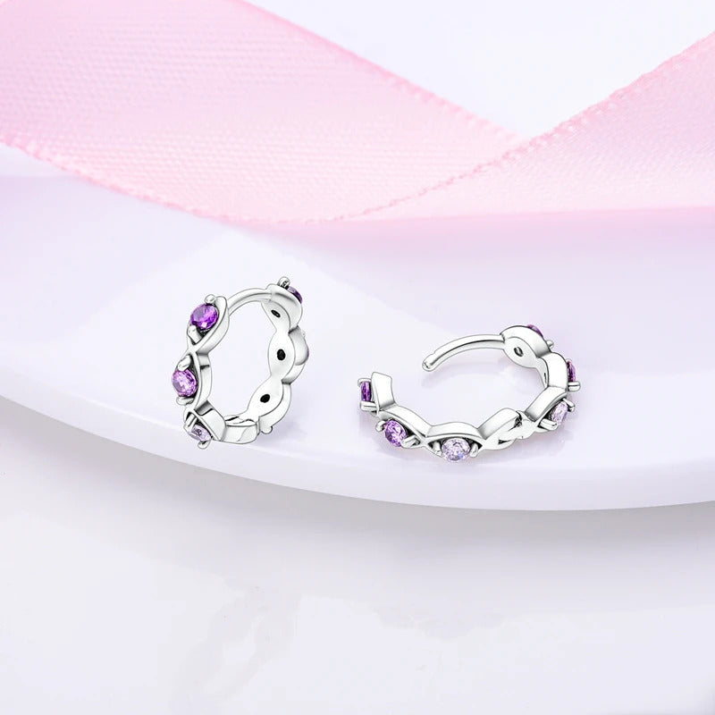 Purple Crystal Silver Hoop Earrings