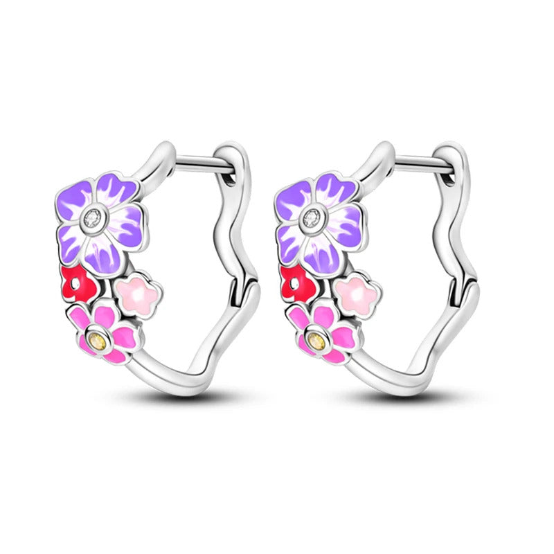 Flowers Silver Hoop Earrings
