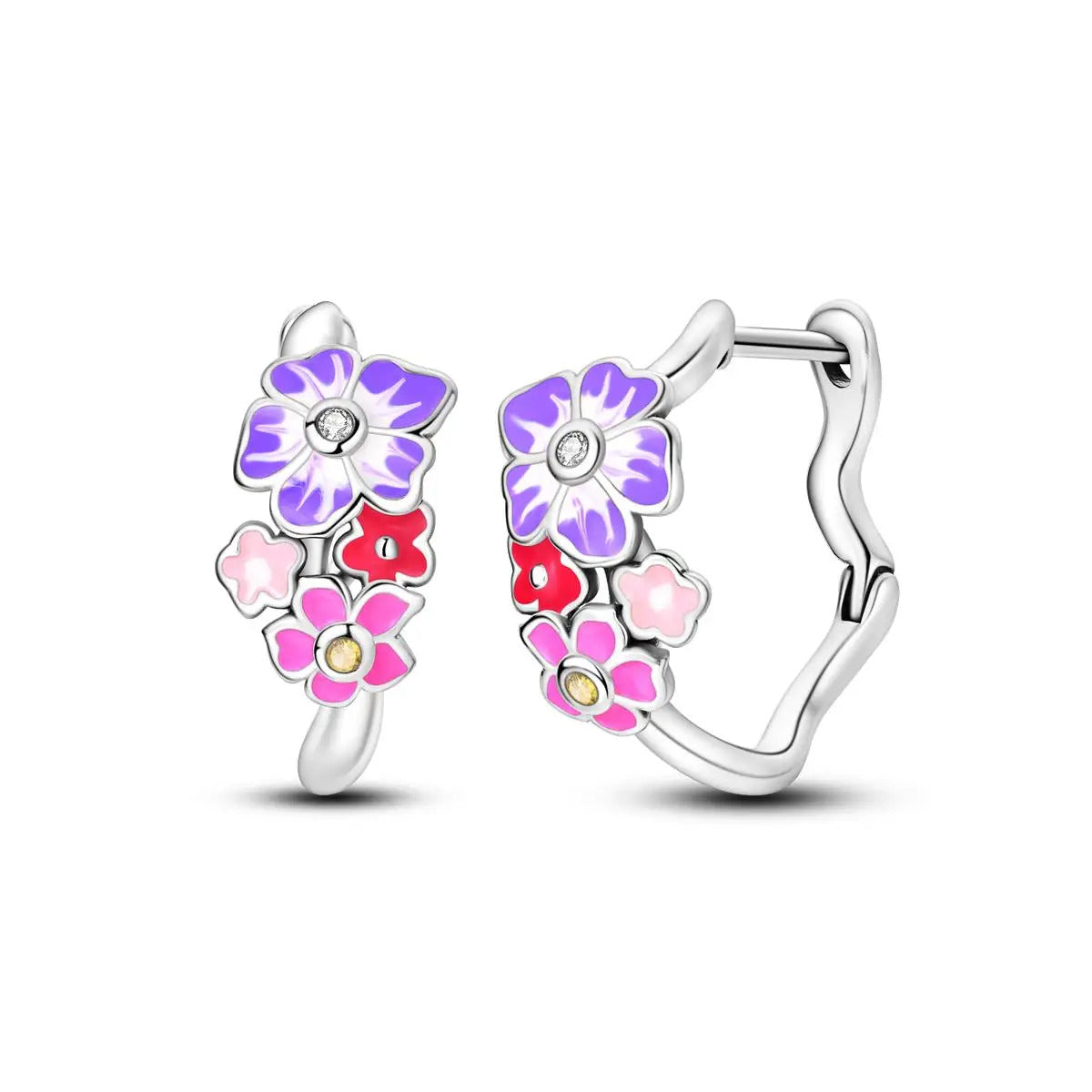 Flowers Silver Hoop Earrings
