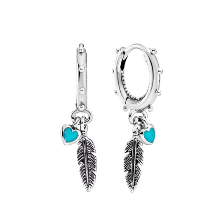 Feather Heart Silver Hoop Earrings