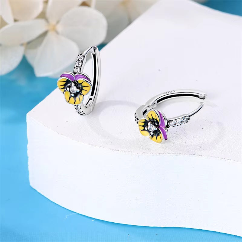 Pansy Flower Silver Hoop Earrings